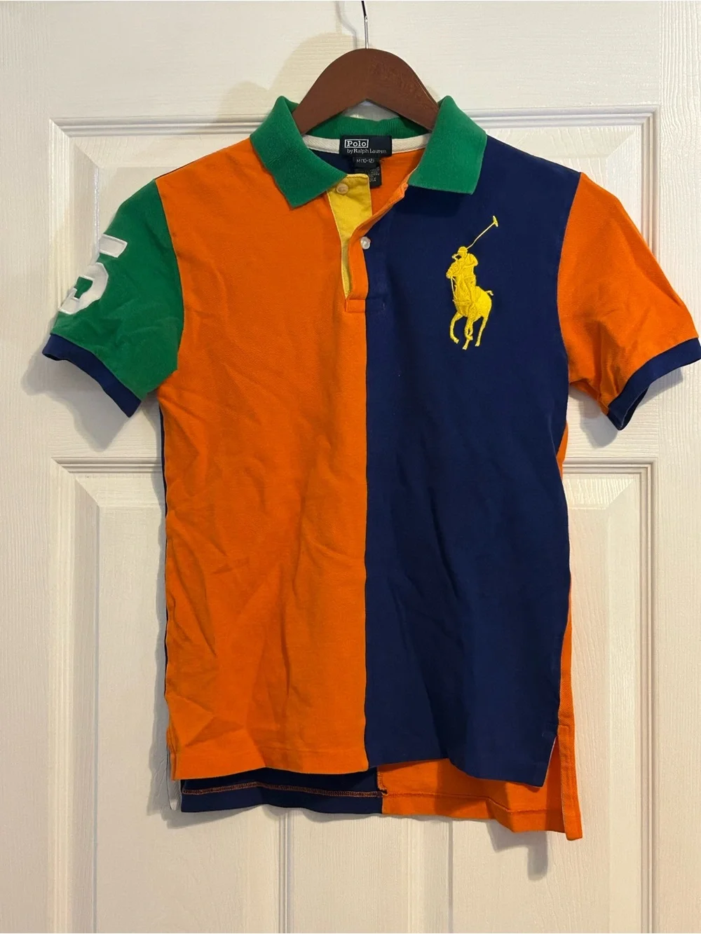 Ralph Lauren Boys Colorblock Polo in Orange, Navy & Green with Yellow Logo